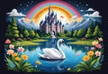 Swan against the background of the fantastic castle. Generative AI Royalty Free Stock Photo