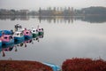 Swan boats in Kawaguchiko lake out of service in raining day Royalty Free Stock Photo