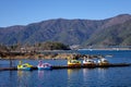 Swan boats on the lake in Kawaguchiko, Japan