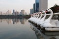 Swan Boats lined up in a large swamp in Benjakitti Park.