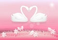 Swan couple in the pond and butterflies paper art style Royalty Free Stock Photo