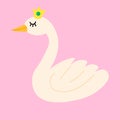 Cute cartoon happy swan with crown in flat style isolated on pink background.