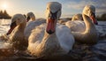 Swan, duck, and goose swim in beautiful pond water generated by AI