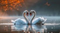 Swan Fall Love , Birds couple Kiss, Two Animal Heart Shape. Royalty Free Stock Photo
