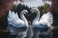 swan fall in love, birds couple kiss, two animal heart shape in water Royalty Free Stock Photo