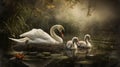 Swan family nesting in serene pond, parents and cygnets, scenic wide angle photography