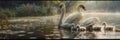 Swan family in tranquil pond with cygnets, captured in photorealistic wide angle photography