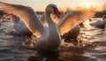 Swan glides gracefully on tranquil pond, reflecting sunset beauty generated by AI Royalty Free Stock Photo