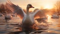 Swan gracefully flies over tranquil pond at sunrise, reflecting beauty generated by AI Royalty Free Stock Photo