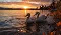 Swan gracefully glides on tranquil pond, reflecting autumn beauty generated by AI Royalty Free Stock Photo