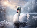 Swan keeping warm in winter