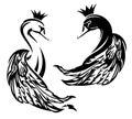 Swan lake fairy tale princess bird with crown black and white vector portrait set Royalty Free Stock Photo