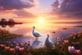 Swan on the lake at sunset. Beautiful landscape with swans, A bright Easter morning sunrise, AI Generated Royalty Free Stock Photo