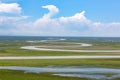 Swan like cloud and bending river in the Bayanbulak grassland