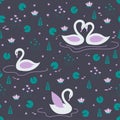 Swan pair on night lake with stars, water lilies, plants seamless pattern. Royalty Free Stock Photo