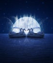 Swan pedal boat on fantasy sea sky fountain and moon night time Royalty Free Stock Photo