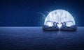 Swan pedal boat on fantasy sea sky fountain and moon night time Royalty Free Stock Photo