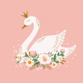 Swan princess bird, flowers on pink background. Cute cartoon hand drawn vector illustration.