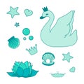 Swan princess set. Cute hand drwn illustration vector. Royalty Free Stock Photo