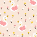 Swan princess seamless pattern with tulips flowers. Vector fairy tale cute illustration in hand-drawn Scandinavian