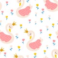 Swan princess seamless pattern with tulips flowers. Vector fairy tale cute illustration in hand-drawn Scandinavian