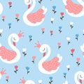 Swan princess seamless pattern with tulips flowers. Vector fairy tale cute illustration in hand-drawn Scandinavian