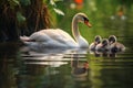 swan protecting cygnets in a calm pond