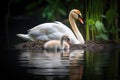 swan protecting cygnets in a calm pond