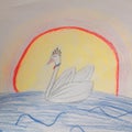 Swan on the sea. Children& x27;s picture. Beautiful swan.