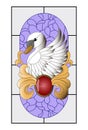 Swan stained glass, mosaic pattern with red pendant, gold curves and purple background.