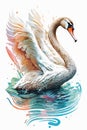 Swan on water, watercolor illustration on a white background.