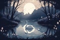 a swan is swimming in a pond at night with a full moon Royalty Free Stock Photo