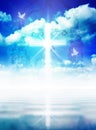 Glowing light Christian cross on blue sky, white doves, Jesus Christ head silhouette