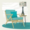 Living room scene teal lounge chair and table lamp