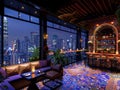 Swanky rooftop bar with panoramic city views and luxe decor3D render
