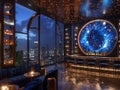 Swanky rooftop bar with panoramic city views and luxe decor3D render Royalty Free Stock Photo