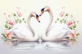 Swans couple in love on background with roses. Symbol of love and faithfulness. Wedding background. Generative AI Royalty Free Stock Photo