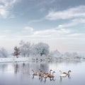 Swans family swims in the winter lake water in sunrise time Royalty Free Stock Photo