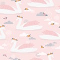 Colorful seamless pattern with swans, flowers, sky. Decorative cute background with birds