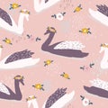 Colorful seamless pattern with swans, flowers. Decorative cute background with birds