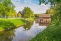 Swans, geese, ducks swim in the river near the historical reconstruction of the mill on the river