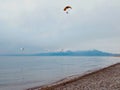 Swans and gliders fly in the air and snow mountains of Sailimu lake Xinjiang, China