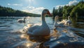 Swans gracefully swim, reflecting the beauty of nature tranquil scene generated by AI Royalty Free Stock Photo