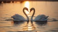 swans on the lake at sunset, necks of the swans forming a heart