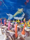 Swans made of sea shells. Marine life painted in wood. Decor and souvenirs.