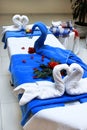 Swans made from towels on the massage table, Turkey