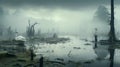 Post-apocalyptic Flooded Woodland: A Cinematic Rendering Of A Misty Lagoon