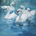 Five swans swimming in a lake.