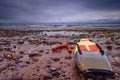 Surf rescue board ready for action on the beach.