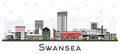 Swansea Wales City Skyline with Color Buildings Isolated on White